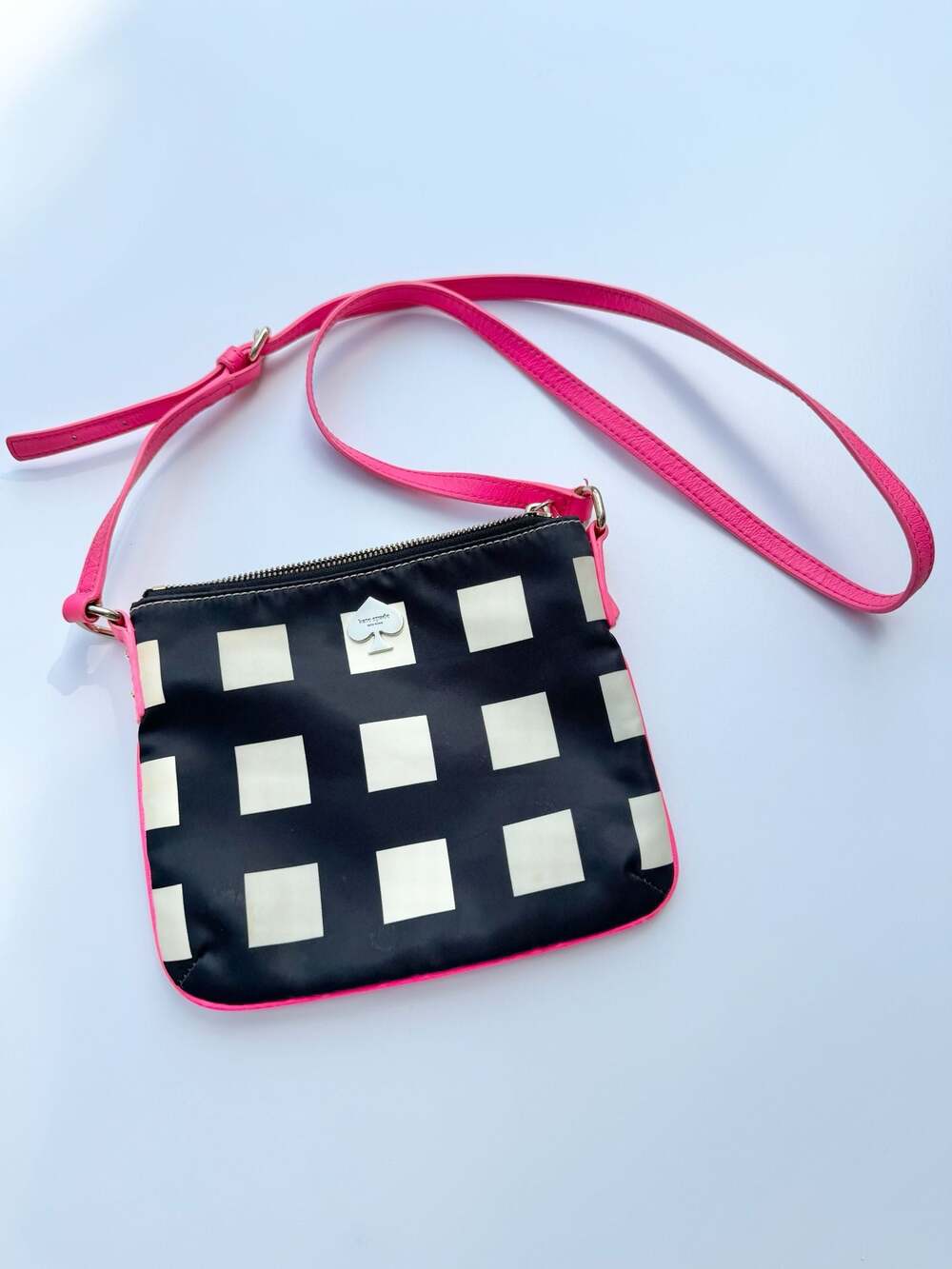 Kate Spade New York Black & White Square Print Nylon Crossbody Bag with Pink Str